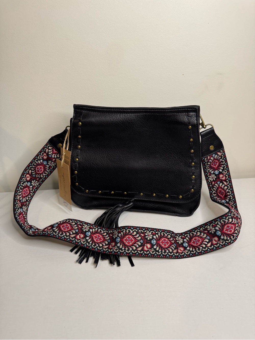Ampere Creations Black Crossbody Bag Embroidered Strap Tassel Boho Western NWT
